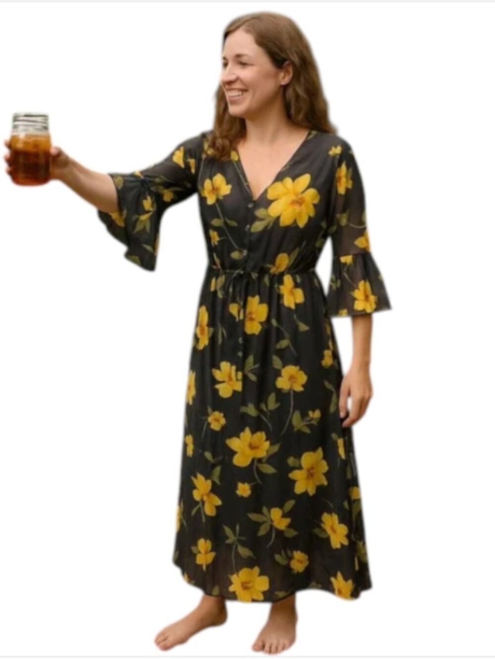 NEW POL Small Sheer Midi Maxi Dress Lingerie Cover-Up Black Yellow Floral Print